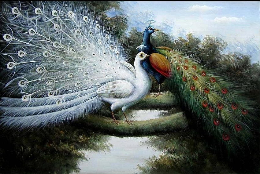 CANVAS OIL PAINTING, two, canvas, painting, peacocks, oil, paintings HD wallpaper