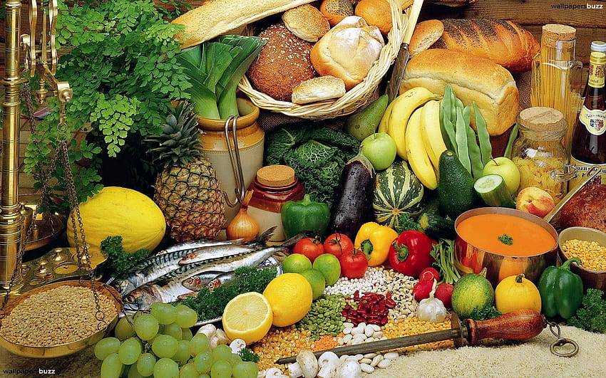 Плодове, храна, зеленчуци, риба, асорти, хляб, зърнени храни HD тапет