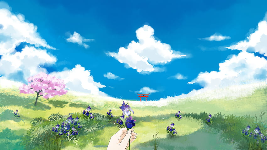 Flowers, Art, Hand, Lawn, Torii HD wallpaper