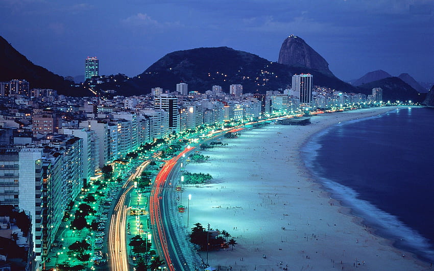 mountains, beach, night, lights, Brazil, Copacabana, Beach at Night HD wallpaper
