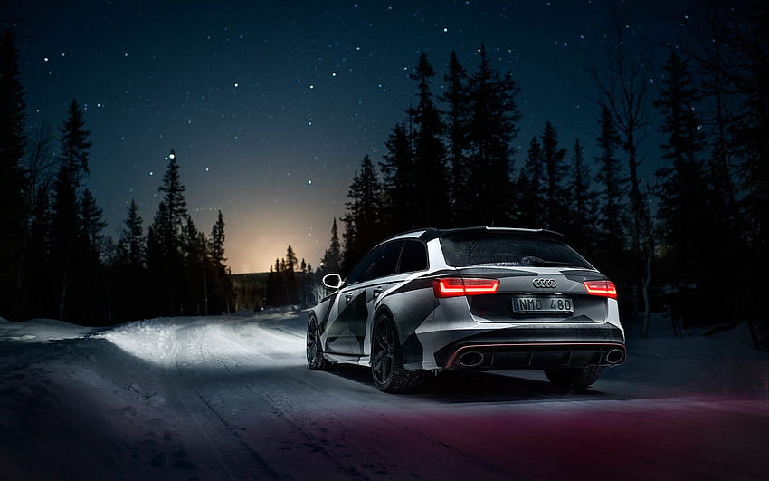 Audi RS6 자동차 후면 보기, 겨울, 눈, 밤 HD 월페이퍼