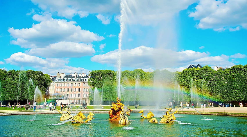 fountain and garden of verssailles, gardens, castle, rainbow, fountain HD wallpaper