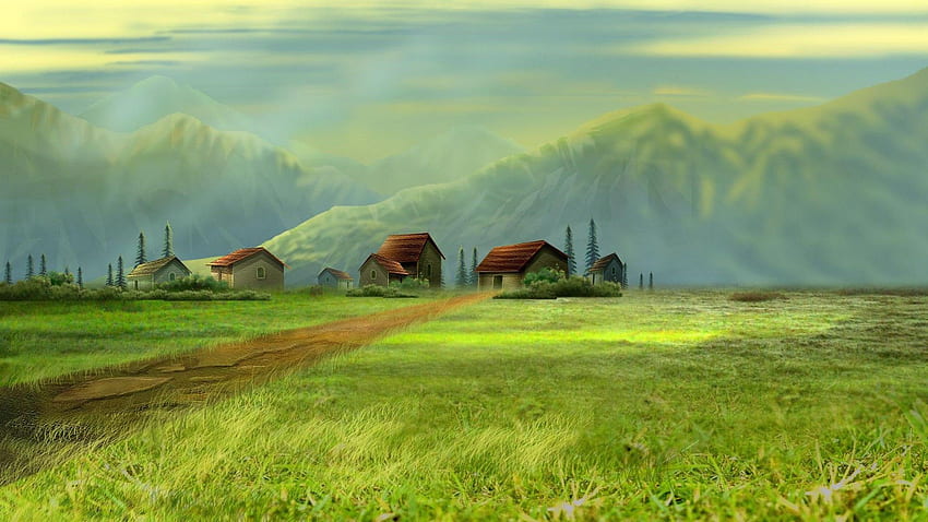Art Painting Rustic Architecture Buildings Houses Village Mountains Spring Sky : : High Definition : Fullscreen HD wallpaper