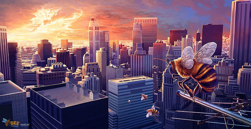 City, fantasy, bee, marta sokolovska, sunset, sunrise, insect HD wallpaper