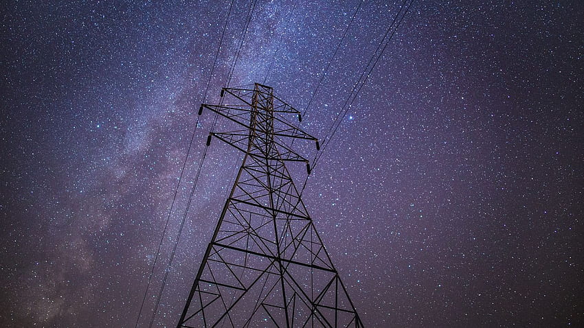 Electrical Tower, High Voltage, Starry Sky, Wires, Electricity, Voltage, Night Tablet, Laptop Background HD wallpaper