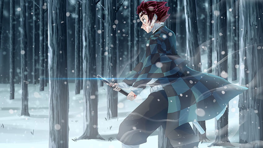 Demon Slayer Tanjiro Kamado With Sword On Snow Covered Forest With Background Of Trees Anime HD wallpaper