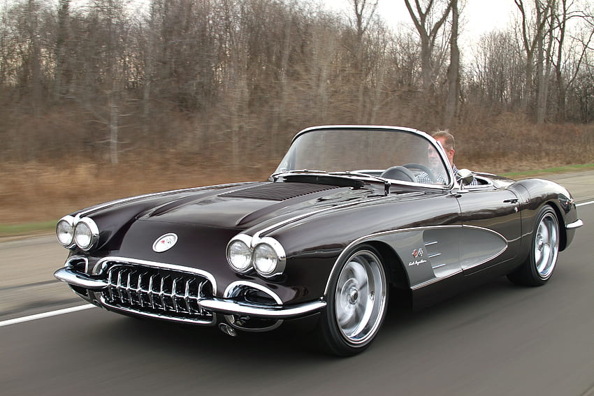 1958, Chevrolet, Chevy, Corvette, c1, Autos, Cabrio, Schwarz / und mobiler Hintergrund HD-Hintergrundbild