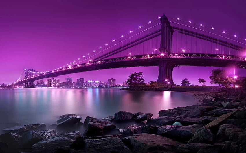하늘을 보라색으로 물들이는 맨하탄 다리 - 뉴욕. 다리, 도시, 맨하탄 다리, 추상 다리 HD 월페이퍼
