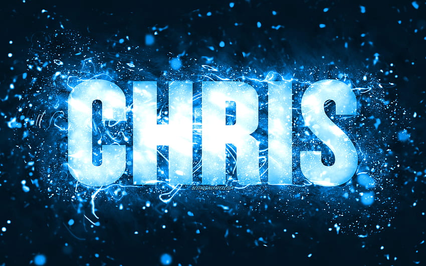 Happy Birtay Chris, , blaue Neonlichter, Name Chris, kreativ, Chris Happy Birtay, Chris Birtay, beliebte amerikanische männliche Namen, mit Chris-Namen, Chris HD-Hintergrundbild