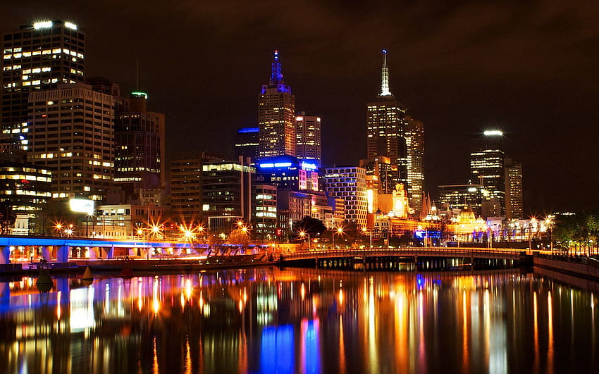 Kota, Malam, Refleksi, Bersinar, Cahaya, Jembatan, Refleksi, Melbourne Wallpaper HD