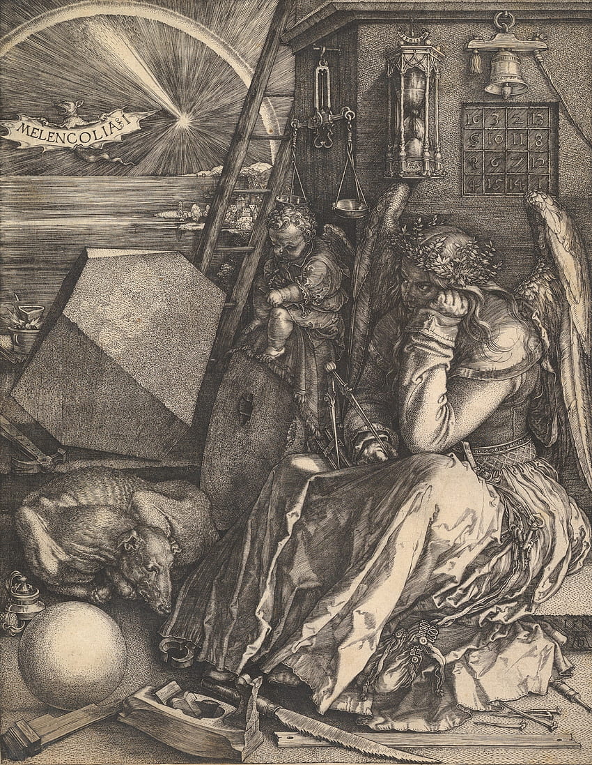 Kunst, Melancholie, Albrecht Dürer, Gravur, Putto, Winged Genius HD-Handy-Hintergrundbild