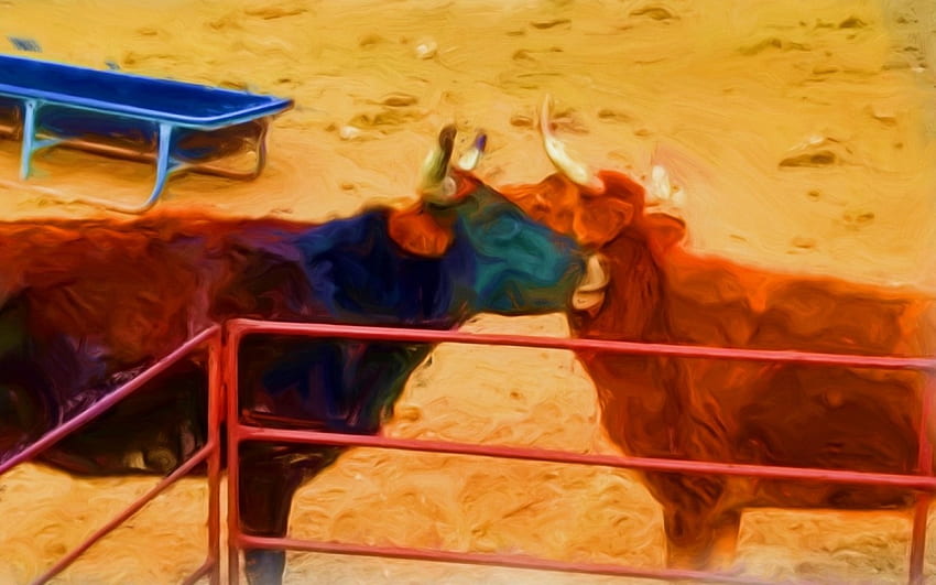 怠惰な牛、牛、油絵の具、納屋の庭、改変された現実 高画質の壁紙