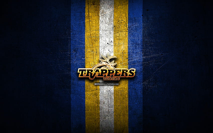 Tilburg Trappers, logo doré, BeNe League, fond bleu métal, équipe de hockey néerlandaise, logo Tilburg Trappers, hockey Fond d'écran HD