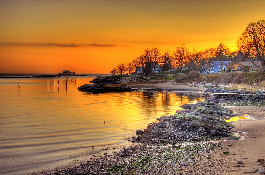 Golden Sky, golden, shore, sky, houses, lake, reflections, sunset HD wallpaper