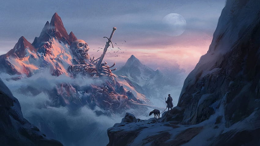 Mountains giant sword skeleton bones clouds snow mist skull, Mountain Art HD wallpaper