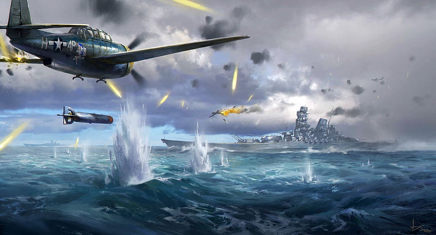 World War II and Background, Sea Battle HD wallpaper