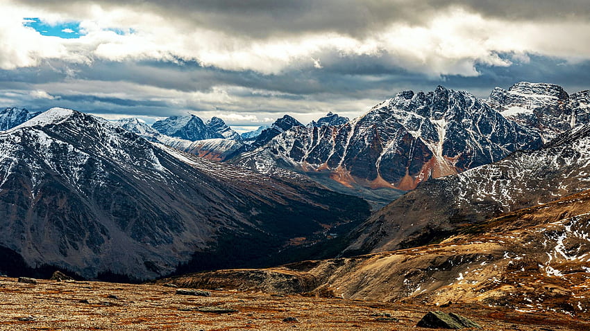 The view from the top of Jasper, Alberta, canada, rockies, peaks, clouds, landscape, sky HD wallpaper