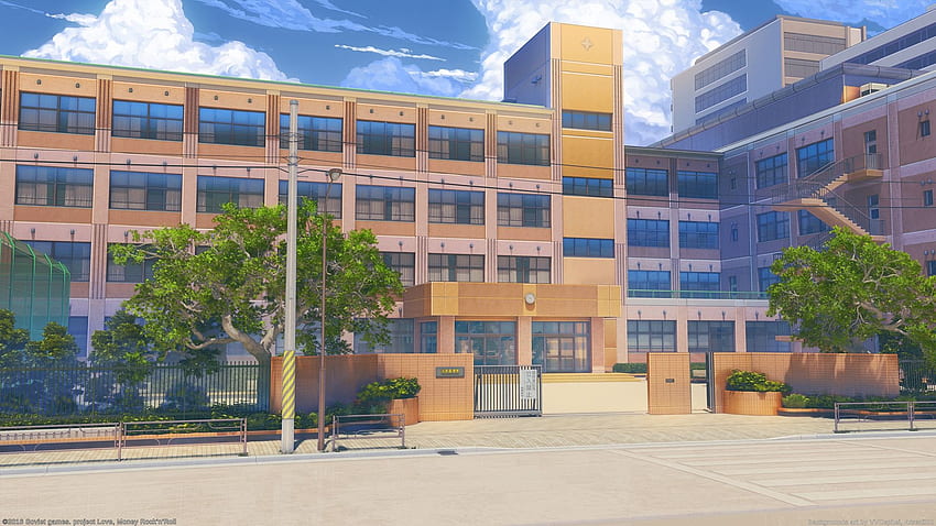 Anime-Schule, Landschaftlich, Gebäude, Grafik, Himmel, Wolken, Gebäude der Anime-Schule HD-Hintergrundbild