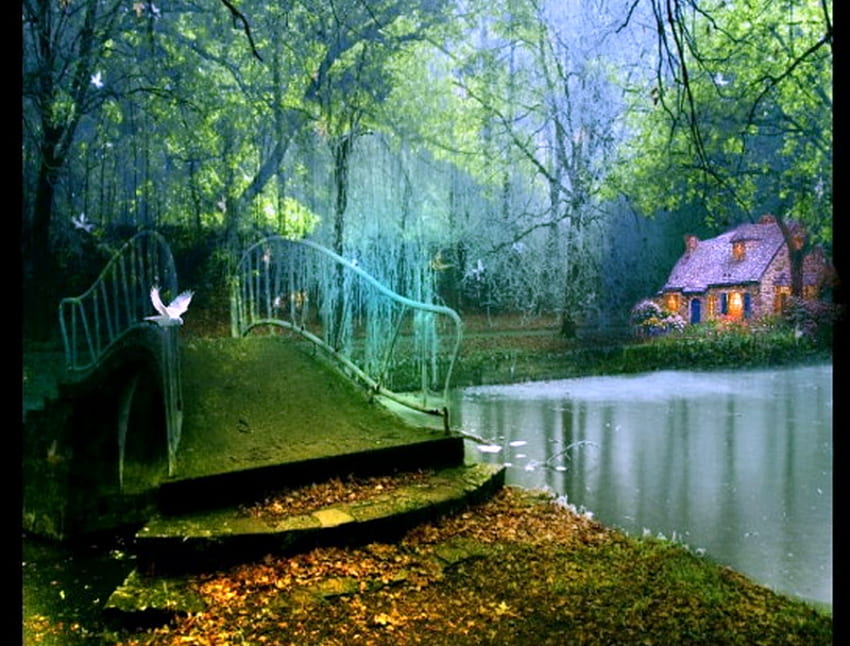 Hütte in der Schlucht, Vögel, Gehweg, abstrakt, Brücke, Bäume, Blumen, Hütte, Wasser, Wald HD-Hintergrundbild