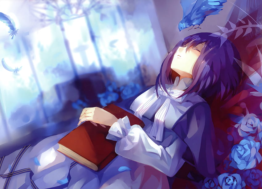 Dhiea Seville, blue rose, sleeping, blue flower, rose, feather, flower, short hair, female, bird, laying down, black hair, petal, book, pause, anime, eyes closed, solo HD wallpaper