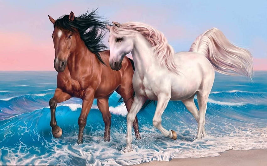 Running Horse Painting Inspirująca sztuka Konie Plaża - Piękna Tapeta HD