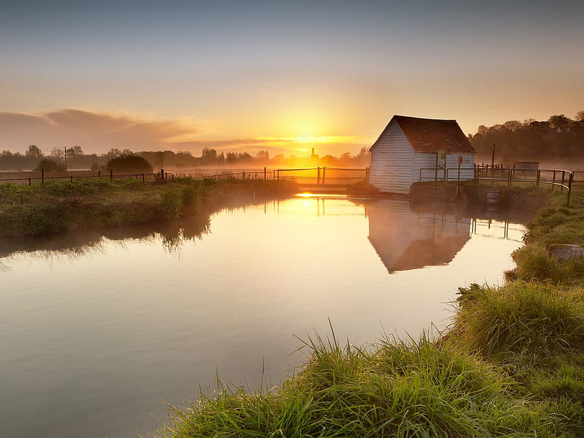 Lake, hut, grass, fog, morning, sunrise, farm , Farm Lake HD wallpaper