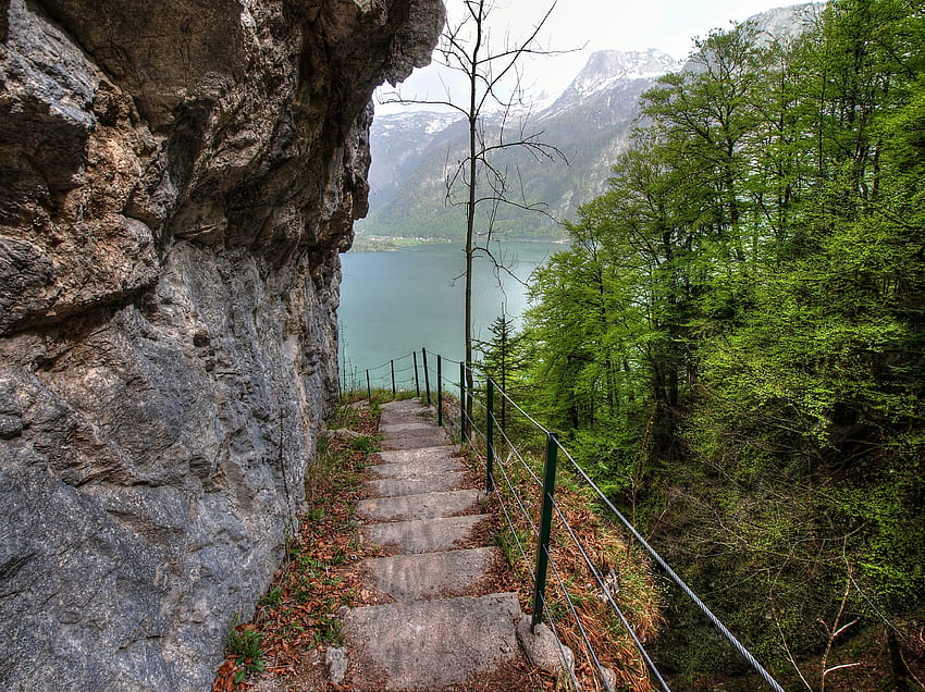 Landschaft, Natur, Bäume, Felsen, See, Stufen, Abstieg HD-Hintergrundbild
