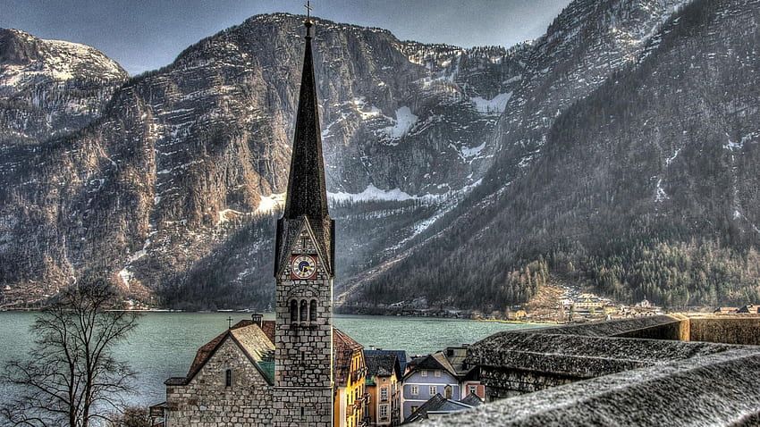 magnifique église à hallstatt autriche r, ville, r, église, montagnes, lac Fond d'écran HD