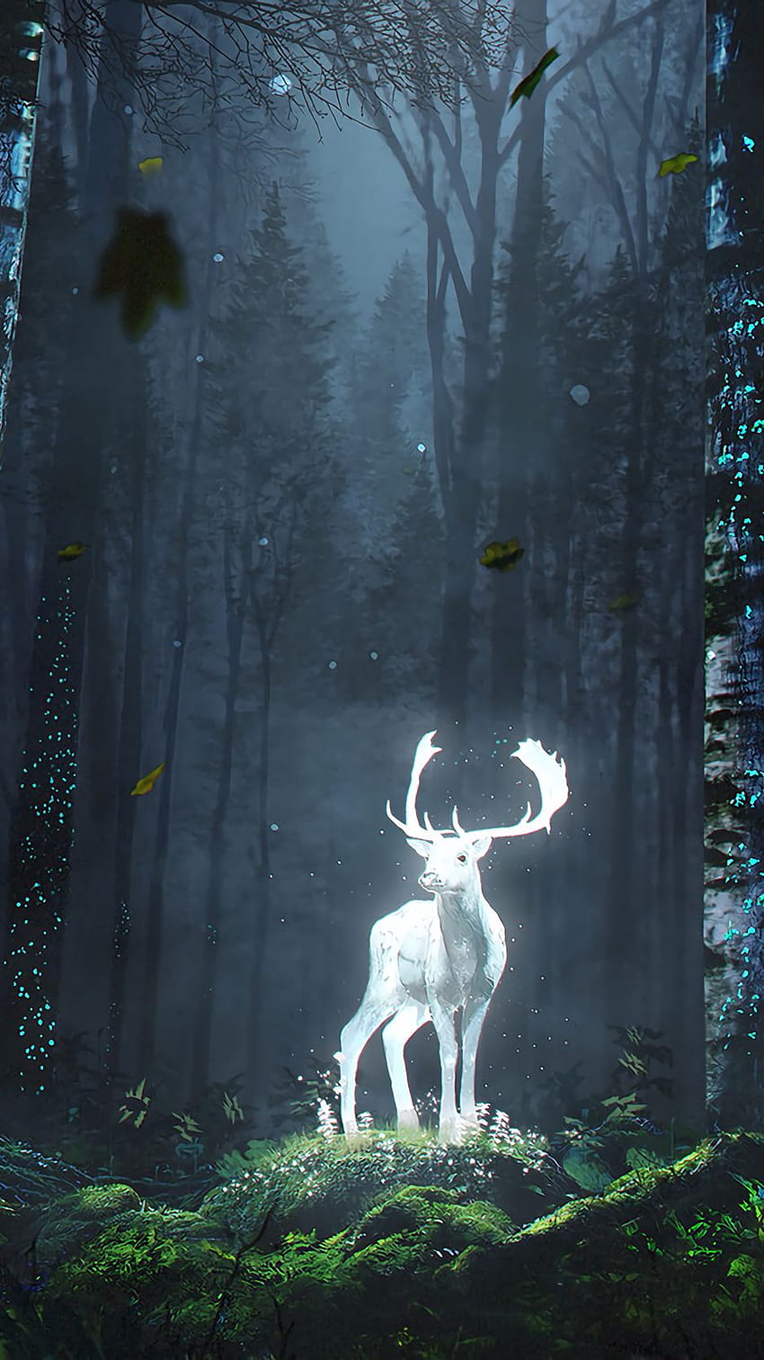 Deer, Forest, Night, Glow, Art, Grass, Trees, Leaves, Deer Aesthetic HD phone wallpaper