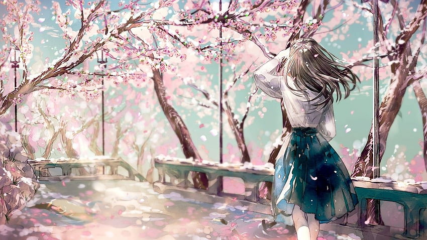 Kwiat wiśni, Sakura, dziewczyna z anime, widok z tyłu na laptopa, notatnik Tapeta HD