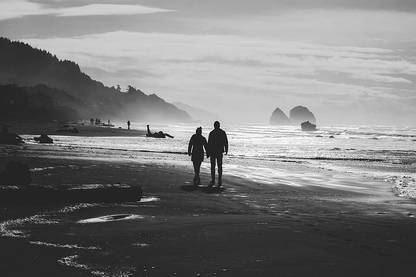 Sea Ocean Beach Black And White People Sand Walking Couple HD wallpaper