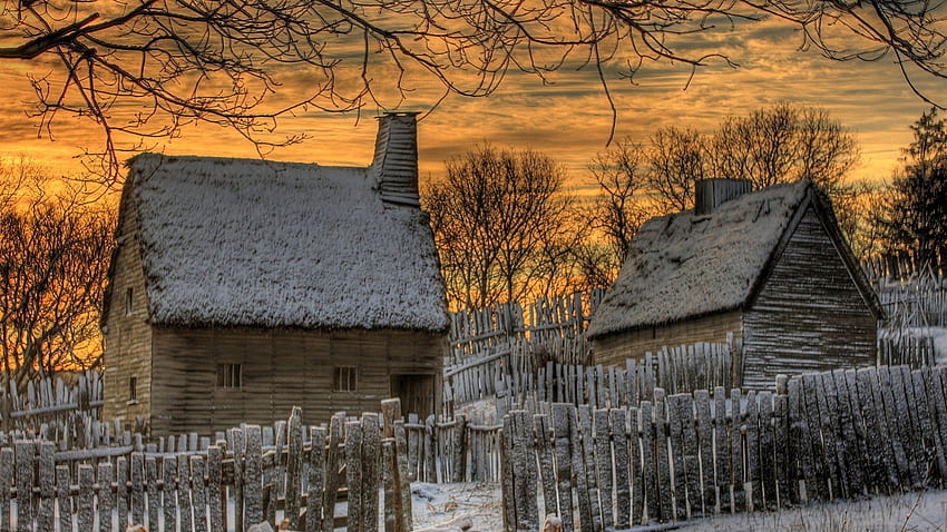 atap jerami rumah pedesaan di musim dingin r, musim dingin, pagar, atap jerami, rumah, r, matahari terbenam Wallpaper HD