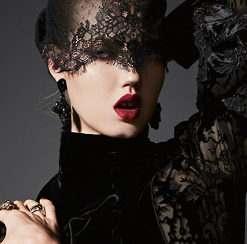 blacks laces, fashion, black, model, red, lips, lace HD wallpaper