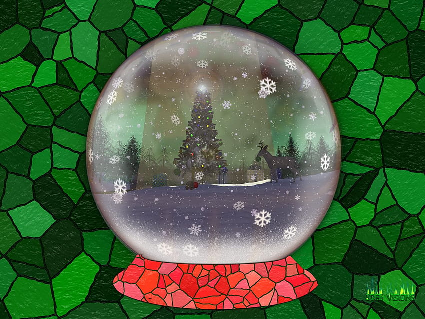 Christmas Snowglobe 004a, snowglobe, tree, xmas, stained glass, snowflake, globe, animals, snow, christmas, decorations, glass, forest, ice, wreath HD wallpaper