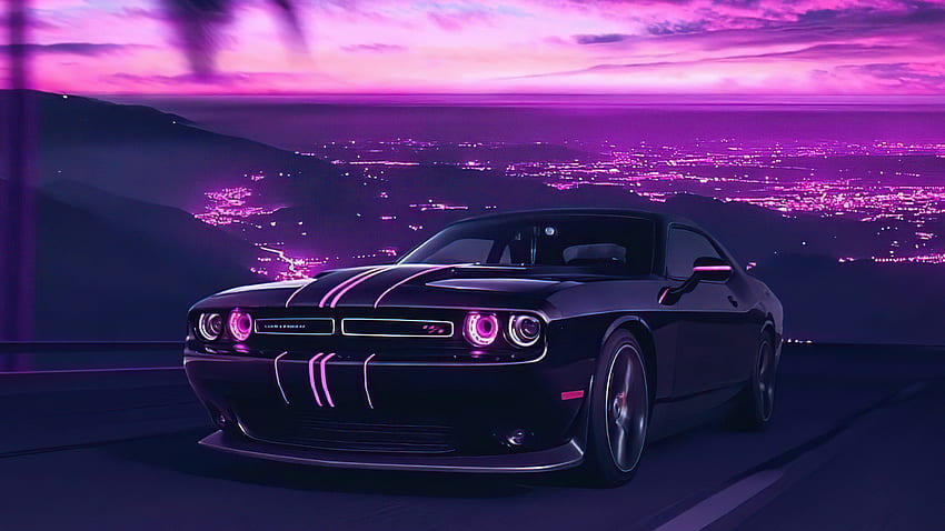Coche Dodge Challenger negro Vista de la ciudad Cielo púrpura Vaporwave Vaporwave fondo de pantalla