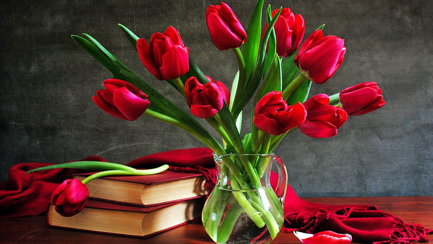 Kwiaty, Tulipany, Bukiet, Szkło, Wazon Tapeta HD