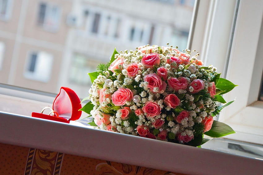 Flowers, Roses, Wedding, Rings, Pearls, Bouquet, Window, Ball, Happiness HD wallpaper
