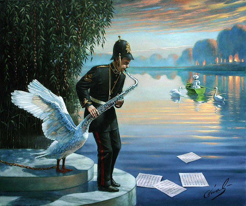 Michael Cheval - Sad Music, blue, boat, saxophone, music, surrealism, painting, water, soldier, art, man, girl, tree, lake, woman, sad, michael cheval, sky, willow, swan, chains, officer HD wallpaper
