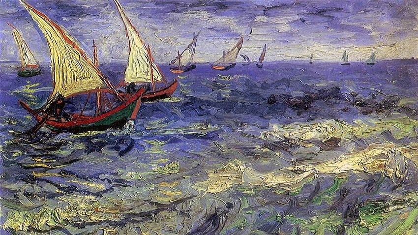 Barco à vela na pintura do mar, Vincent van Gogh, barco, pintura papel de parede HD
