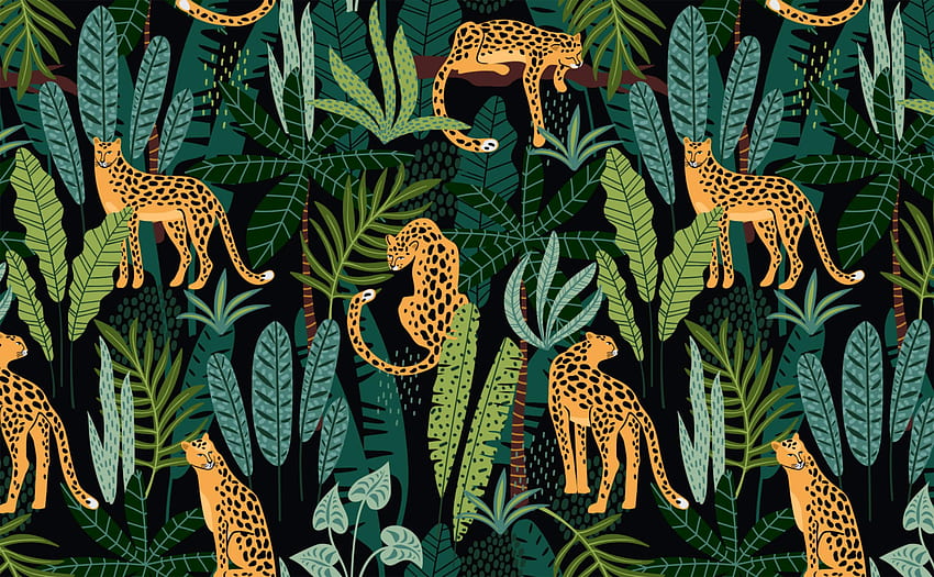 무성한 정글 나이트 레오파드 패턴 벽, 정글 그린 HD 월페이퍼