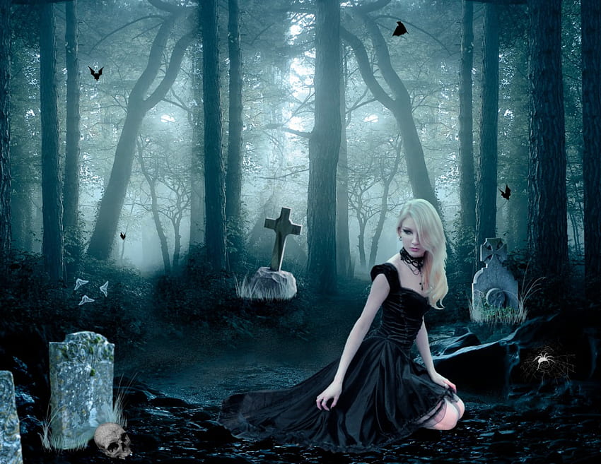 Graves in the Forest, calavera, tumba, bosque, mujer fondo de pantalla