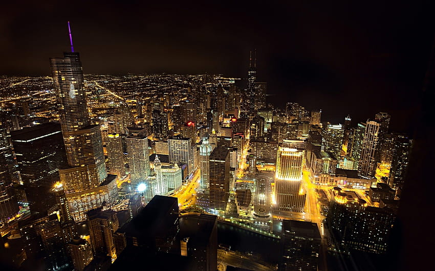 изглед от 80-ия етаж на Чикаго през нощта, нощ, небостъргачи, град, изглед, панорама, тъмен HD тапет