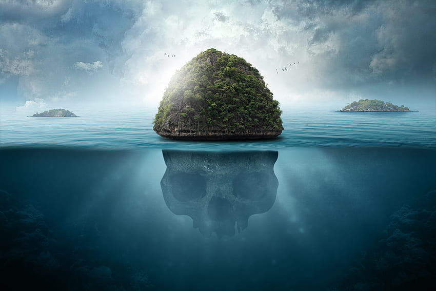 Mar, isla, fantasia, calavera. fondo de pantalla