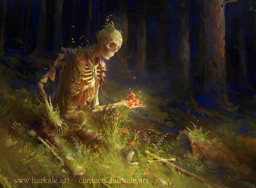 Tod gebiert Leben, Knochen, Harkale Linai, Fantasie, Kunst, Skelett, Grün, Natur, Tod, Blume HD-Hintergrundbild