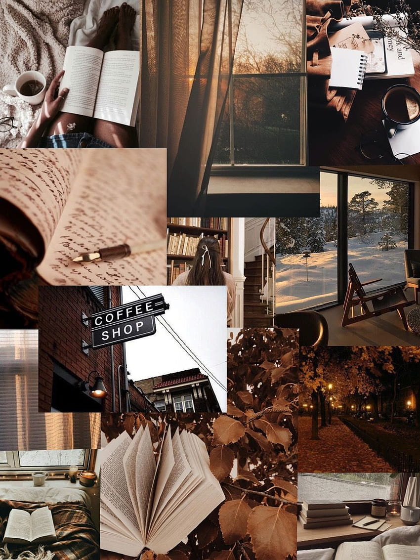 Brown cozy aesthetic collage iPhone lockscreen. Dinding gambar, Kertas ...