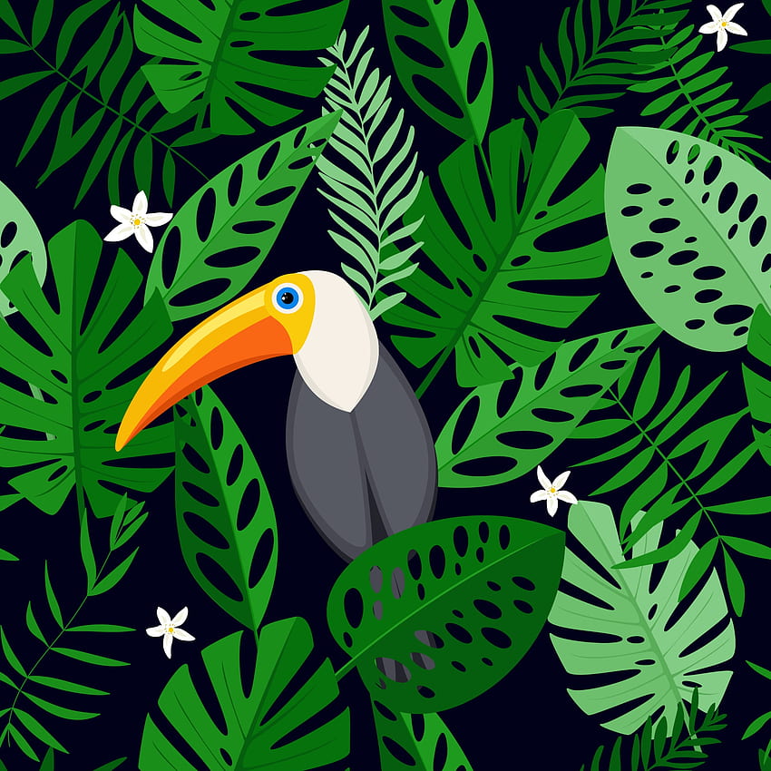 Безшевен модел с тропически цветя и листа с птица тукан. Ръчно рисувани, векторни, ярки цветове. Фон за щампи, плат, опаковъчна хартия. 2142290 Векторно изкуство във Vecteezy HD тапет за телефон