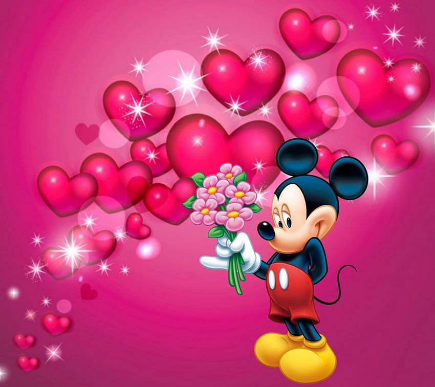 Mouse di San Valentino, cuori, cuori rosa di San Valentino di Topolino, bouquet di fiori, per te, San Valentino Sfondo HD