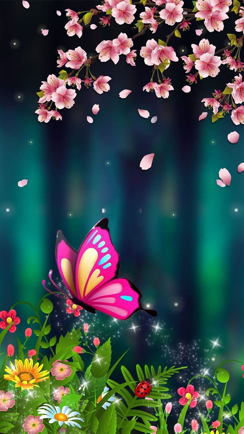 Sztuka neonowych kolorów. Fioletowy różowy motyl w wiśni Tapeta na telefon HD