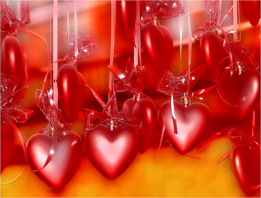 hearts on the strings, art , red hearts, strings, abstract HD wallpaper