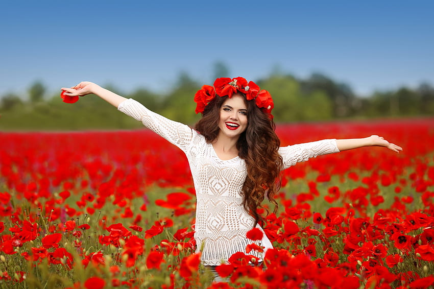 Beauty, white, model, girl, woman, poppy, field, flower, green, red, happy, wreath HD wallpaper